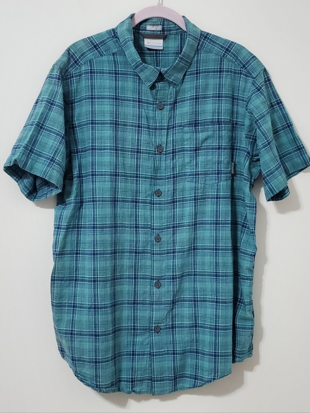 Columbia Teal Plaid Short Sleeve Button Up Cotton Shirt Mens Large